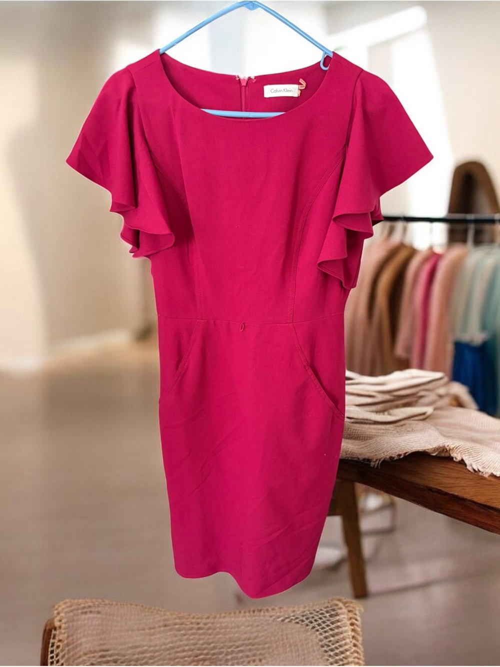 Calvin Klein Magenta Ruffle-Sleeve Midi Dress